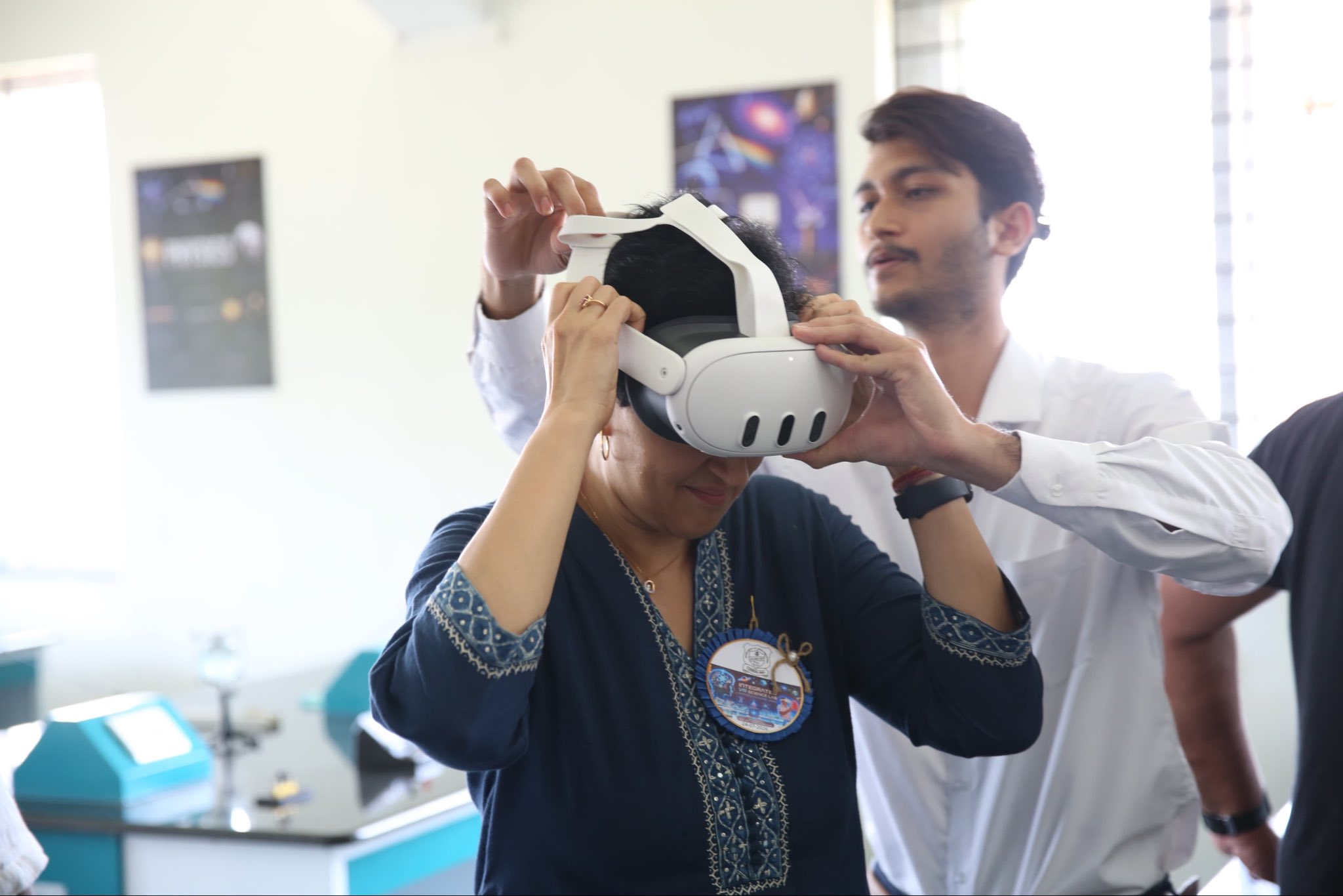 Student exploring 3D science model in VR